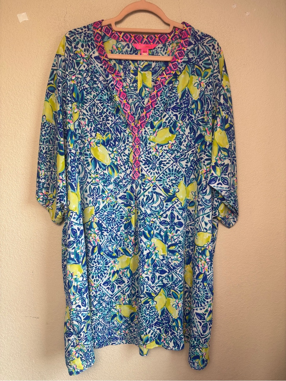 Lilly Pulitzer Blue White Lemon Print Zest For Life Leland Cover Up Dress L